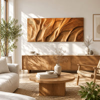 Wooden wall art panel with flowing carved ridges in a bright sunroom with green plants