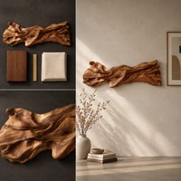 Detail of long sculpted wood wall art with layered flowing folds and an uneven outline beside wood, brass and linen samples