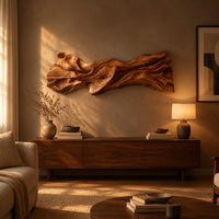 Long sculpted wood wall art with layered flowing folds and an uneven outline above a low console in an evening living room