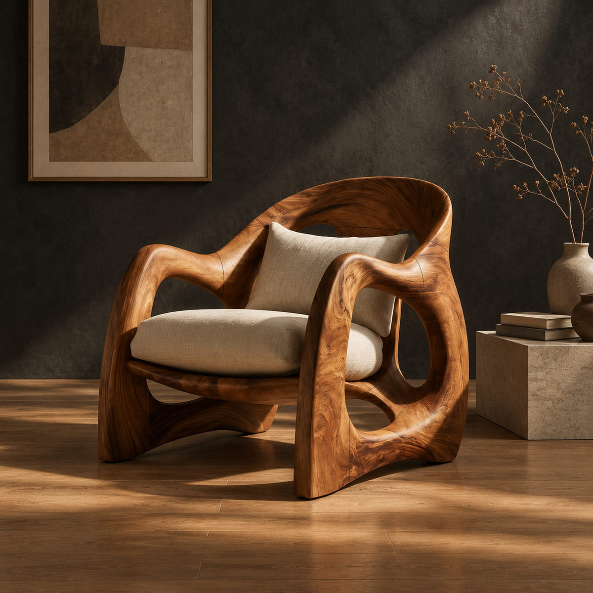 Sculptural wooden chair with looping arms and teardrop side openings in a dark studio against a charcoal plaster wall