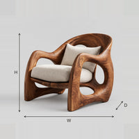 Sculpted Wooden Chair With Looping Arms And Teardrop Openings dimension diagram with width, height and depth