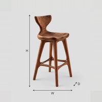 Sculptural Bar Stool With Winged Back And Dished Saddle Seat dimension diagram with width, height and depth