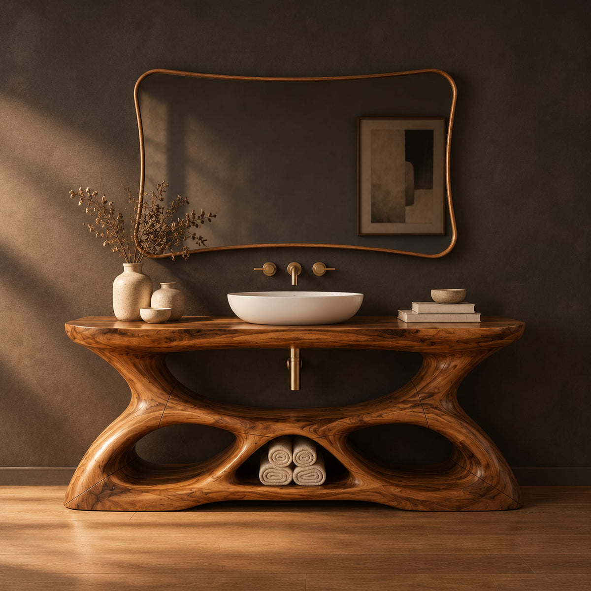 Vanity with a flowing oval top and a sculpted base pierced by smooth openings in a dark studio against a charcoal plaster wall
