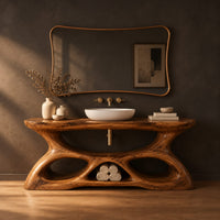 Vanity with a flowing oval top and a sculpted base pierced by smooth openings in a dark studio against a charcoal plaster wall