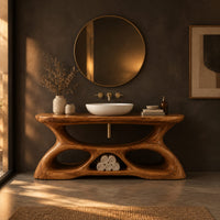 Vanity with a flowing oval top and a sculpted base pierced by smooth openings in a dark bathroom at golden hour