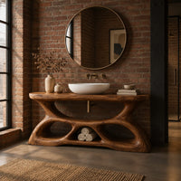 Vanity with a flowing oval top and a sculpted base pierced by smooth openings in an industrial loft bathroom with exposed brick