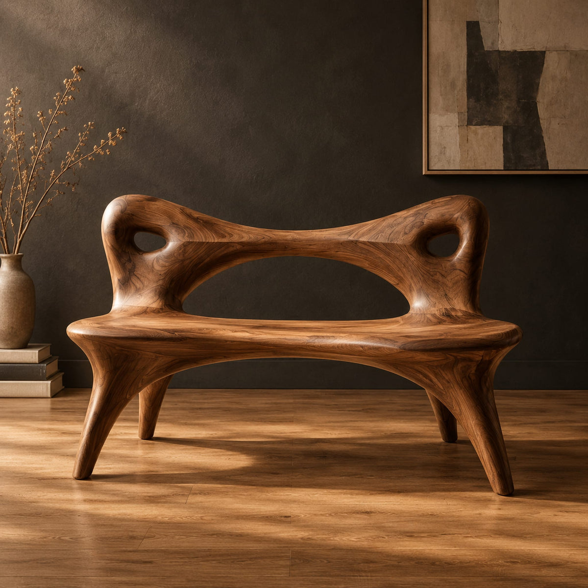Bench with an open loop backrest and four splayed legs in a dark studio against a charcoal plaster wall