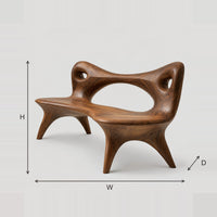 Sculptural Bench With Open Loop Backrest And Splayed Legs dimension diagram with width, height and depth