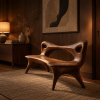 Bench with an open loop backrest and four splayed legs in an evening entryway with walnut wall paneling