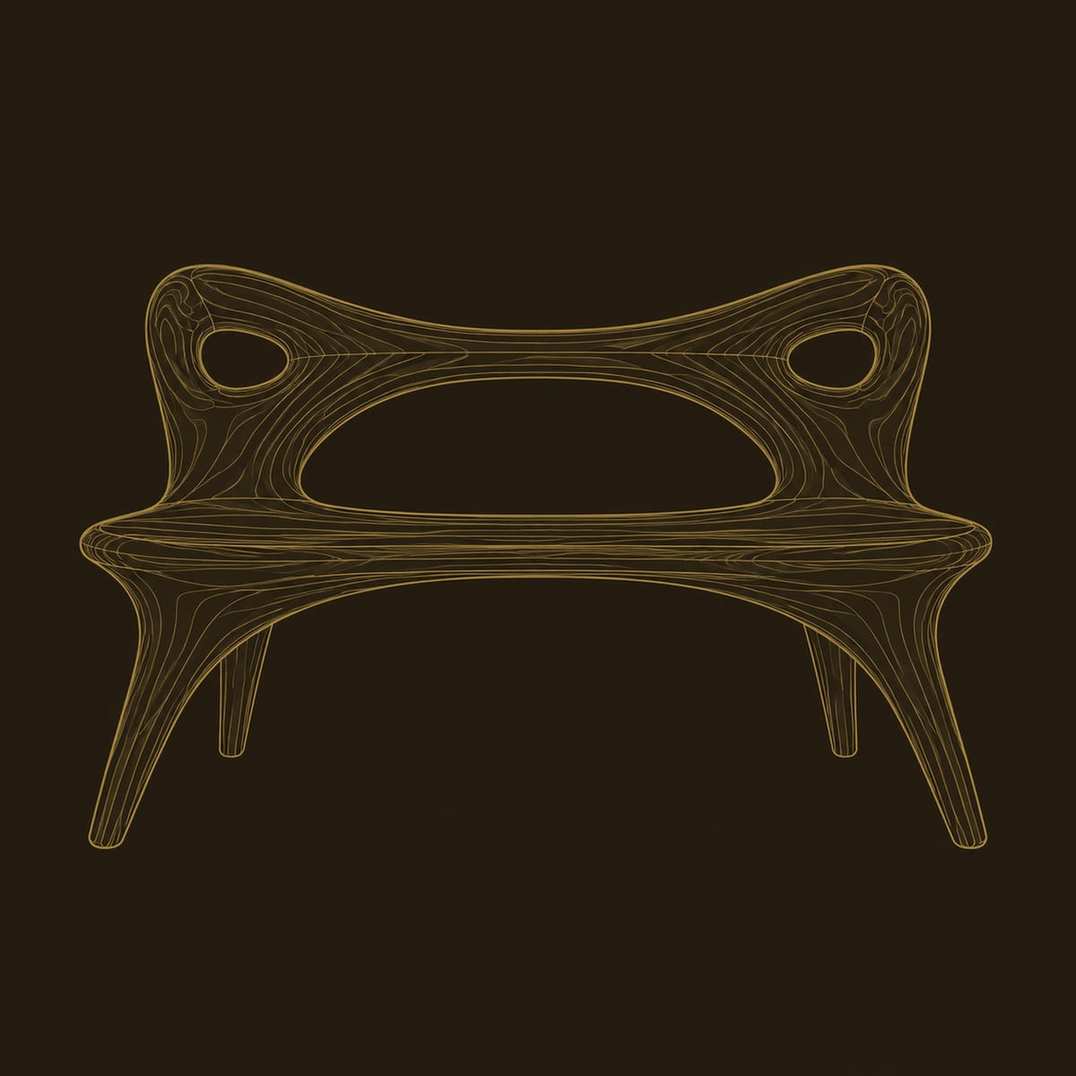 Sculptural Bench With Open Loop Backrest And Splayed Legs dimension diagram