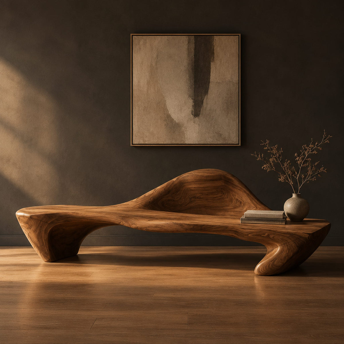 Long wooden bench with a raised wave shaped backrest and curved legs in a dark studio against a charcoal plaster wall