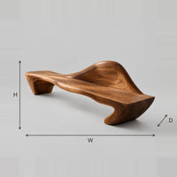 Sculptural Bench With Raised Wave Backrest And Curved Legs dimension diagram with width, height and depth