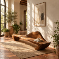 Long wooden bench with a raised wave shaped backrest and curved legs in a bright entryway with arched windows and plants