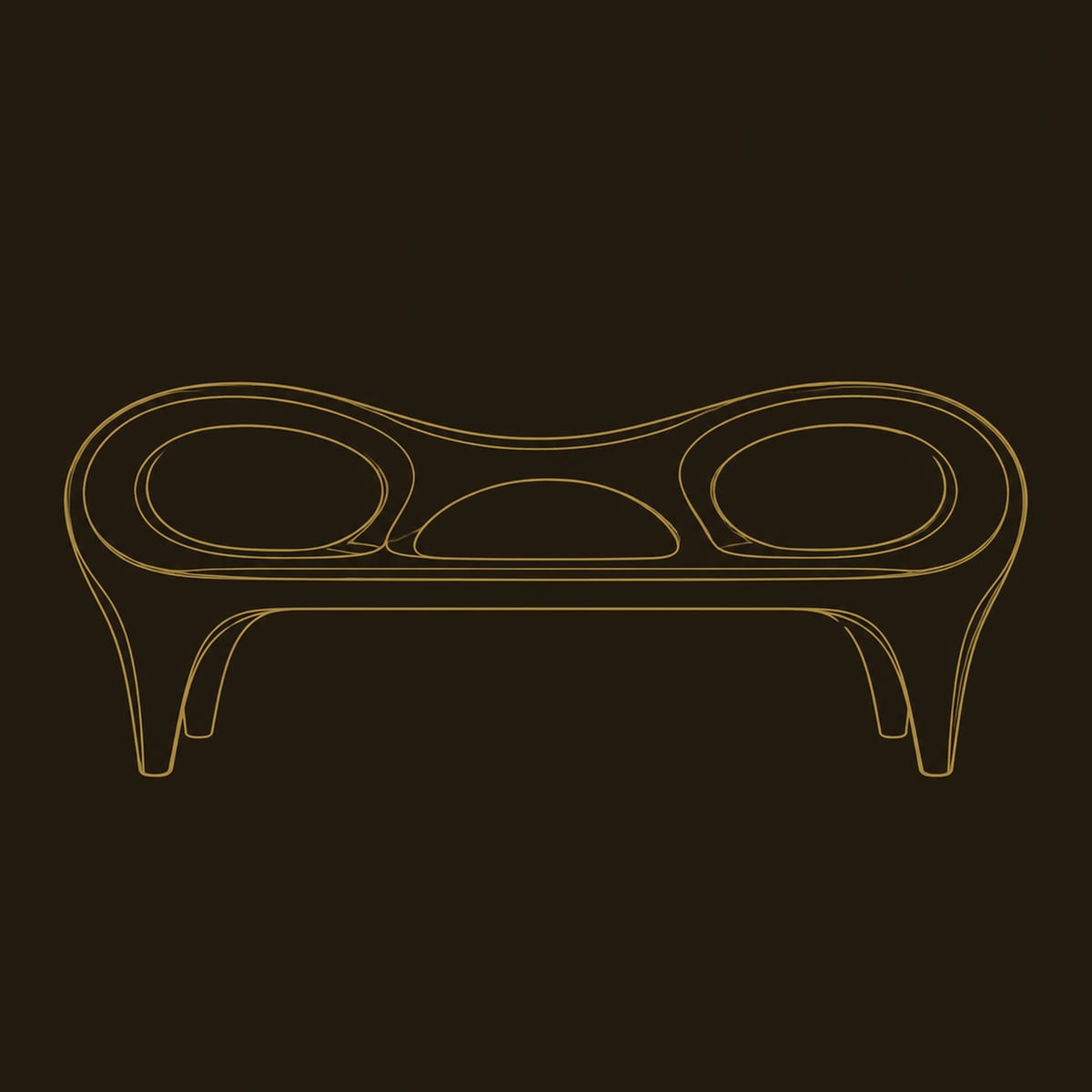 Sculptural Bench With Two Looped Backrest Openings And Tapered Legs dimension diagram