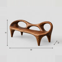 Sculptural Bench With Two Looped Backrest Openings And Tapered Legs dimension diagram with width, height and depth