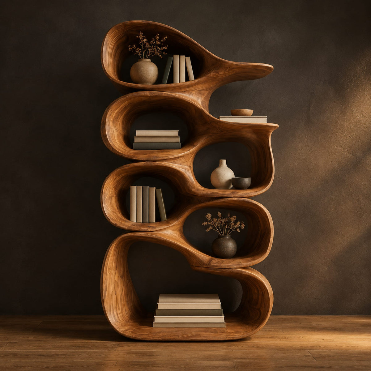Tall bookshelf made of stacked open wooden cells with a pointed top in a dark studio against a charcoal plaster wall