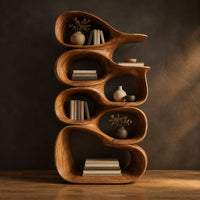 Tall bookshelf made of stacked open wooden cells with a pointed top in a dark studio against a charcoal plaster wall
