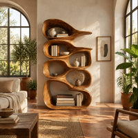 Tall bookshelf made of stacked open wooden cells with a pointed top in a bright living room with arched windows and plants