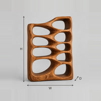Sculptural Bookshelf with Staggered Teardrop Openings dimension diagram with width, height and depth