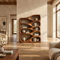 Bookshelf with staggered teardrop openings and sloped top in a bright open plan living room