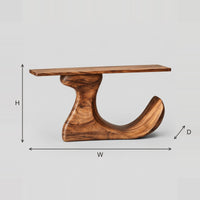 Sculptural Console Table with Curling Off Center Base dimension diagram with width, height and depth
