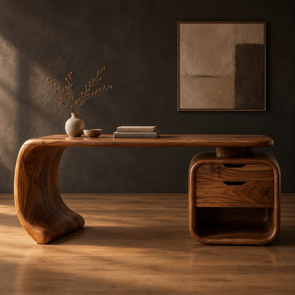 Sculptural Curved Leg Desk With Drawers And Open Cubby Pedestal