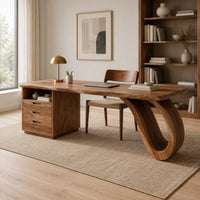 Desk with drawer pedestal and curled loop leg in a Scandinavian home office with white walls