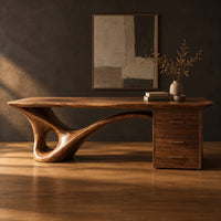 Sculptural desk with a looping wave leg and a three drawer pedestal in a dark studio against a charcoal plaster wall