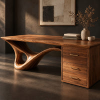 Corner detail of sculptural desk with a looping wave leg and a three drawer pedestal beside wood, brass and linen samples