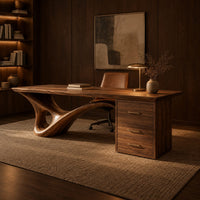 Sculptural desk with a looping wave leg and a three drawer pedestal in an evening home office with walnut wall paneling