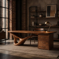 Sculptural desk with a looping wave leg and a three drawer pedestal in an industrial loft home office with exposed brick