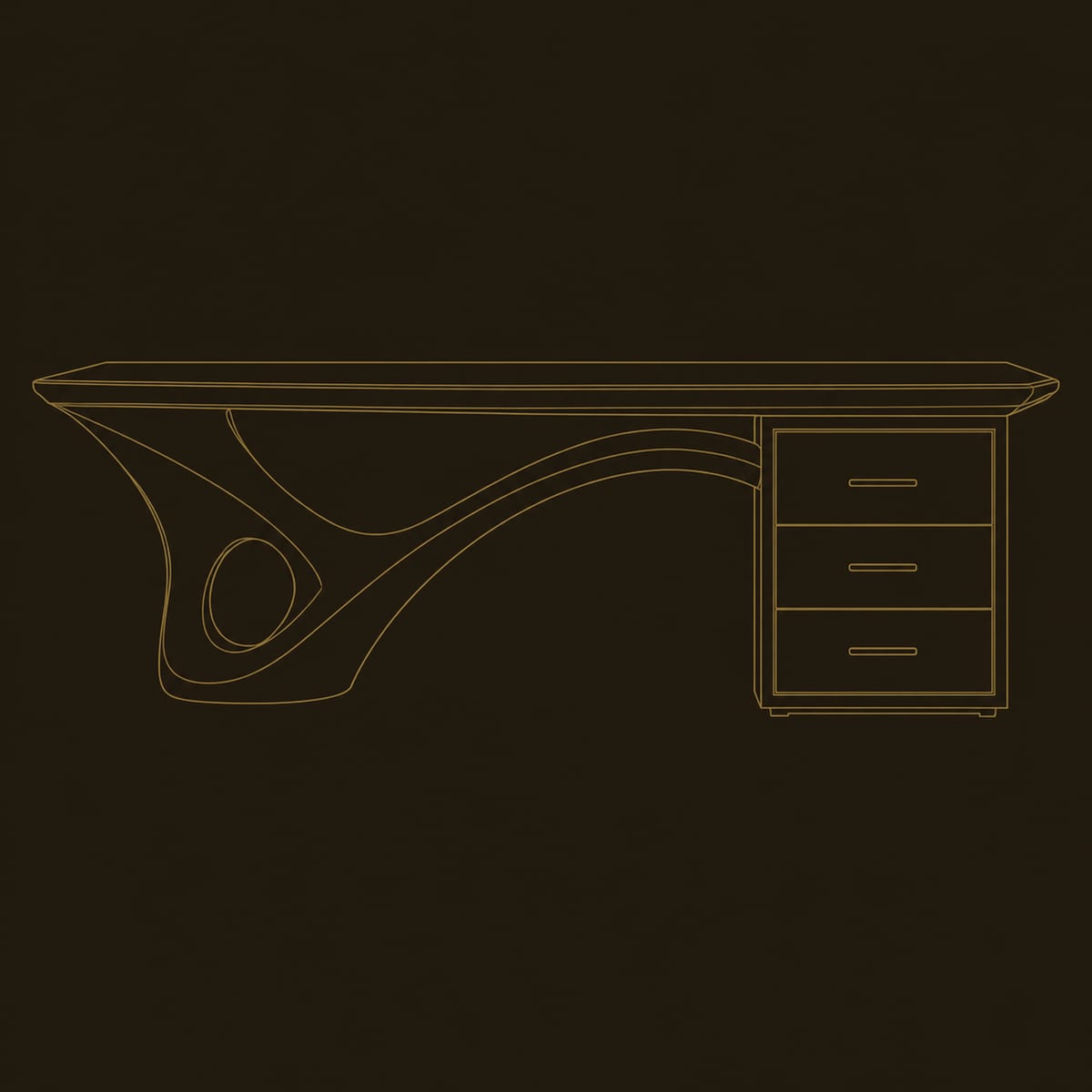 Sculptural Desk With Looping Wave Leg And Three Drawers dimension diagram