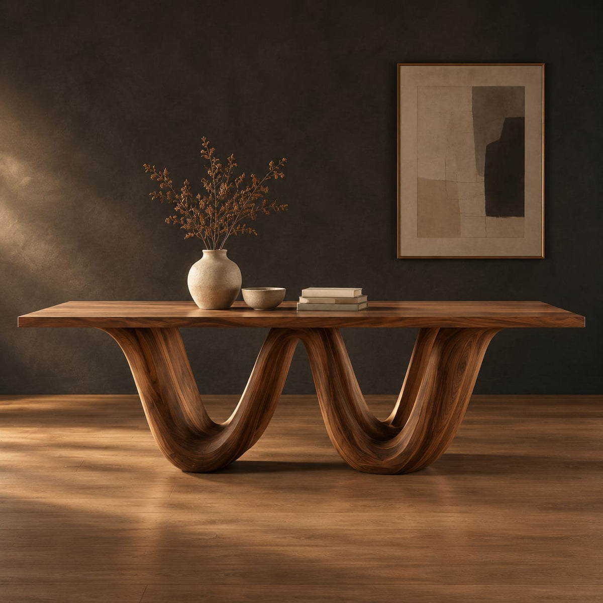 Rectangular dining table on a wavy ribbon base in a dark studio against a charcoal plaster wall