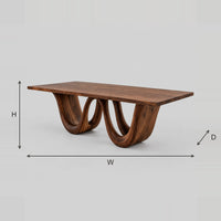Sculptural Dining Table with Wavy Ribbon Base dimension diagram with width, height and depth