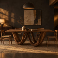 Rectangular dining table on a wavy ribbon base in a dark dining room at golden hour