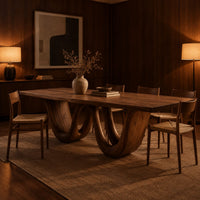 Rectangular dining table on a wavy ribbon base in an evening dining room with walnut wall paneling