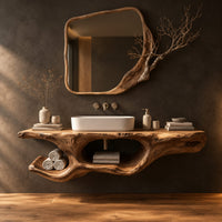 Floating vanity with natural edge top and twisted sculptural form with open cutout in a dark studio against a charcoal plaster wall