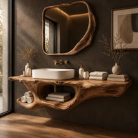 Corner detail of floating vanity with natural edge top and twisted sculptural form with open cutout beside wood, brass and linen samples