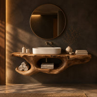 Floating vanity with natural edge top and twisted sculptural form with open cutout in a dark bathroom at golden hour