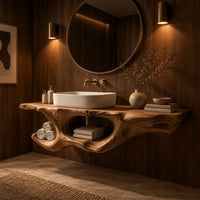 Floating vanity with natural edge top and twisted sculptural form with open cutout in an evening bathroom with walnut wall paneling