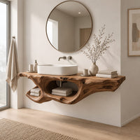Floating vanity with natural edge top and twisted sculptural form with open cutout in a Scandinavian bathroom with white walls