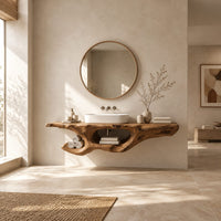 Floating vanity with natural edge top and twisted sculptural form with open cutout in a bright open plan bathroom