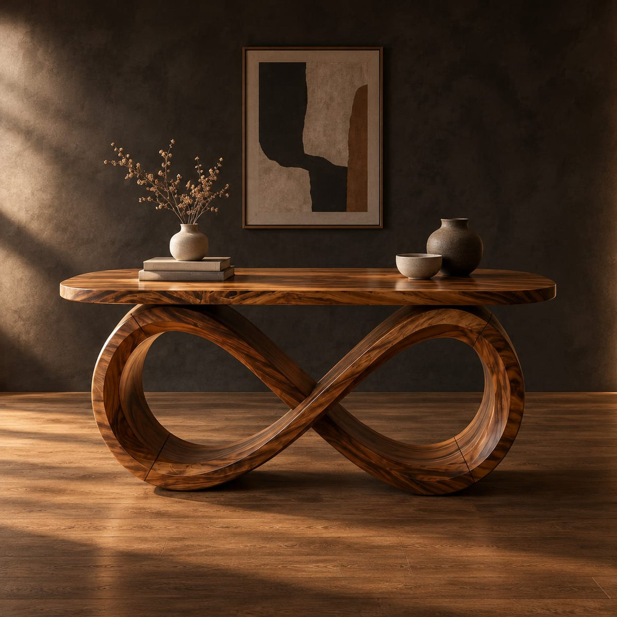 Desk with a figure eight loop base and rounded top in a dark studio against a charcoal plaster wall