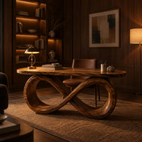 Desk with a figure eight loop base and rounded top in an evening home office with walnut wall paneling