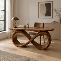 Desk with a figure eight loop base and rounded top in a Scandinavian home office with white walls