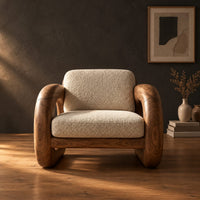 Lounge chair with thick closed loop wooden side frames in a dark studio against a charcoal plaster wall