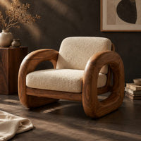 Corner detail of lounge chair with thick closed loop wooden side frames beside wood, brass and linen samples