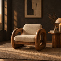 Lounge chair with thick closed loop wooden side frames in a dark living room at golden hour