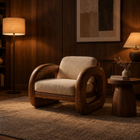 Lounge chair with thick closed loop wooden side frames in an evening living room with walnut wall paneling