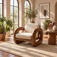 Lounge chair with thick closed loop wooden side frames in a bright living room with arched windows and plants